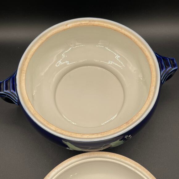 Vtg Hall China Sundial Casserole Dish with Lid - Cobalt Blue Garden Decal - Picture 6 of 10